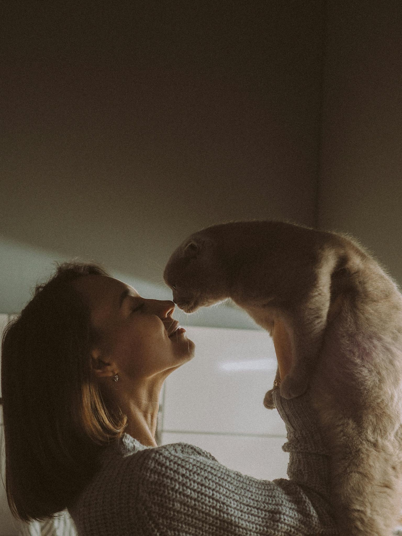 A woman lovingly holds a domestic cat in an intimate moment of closeness indoors.